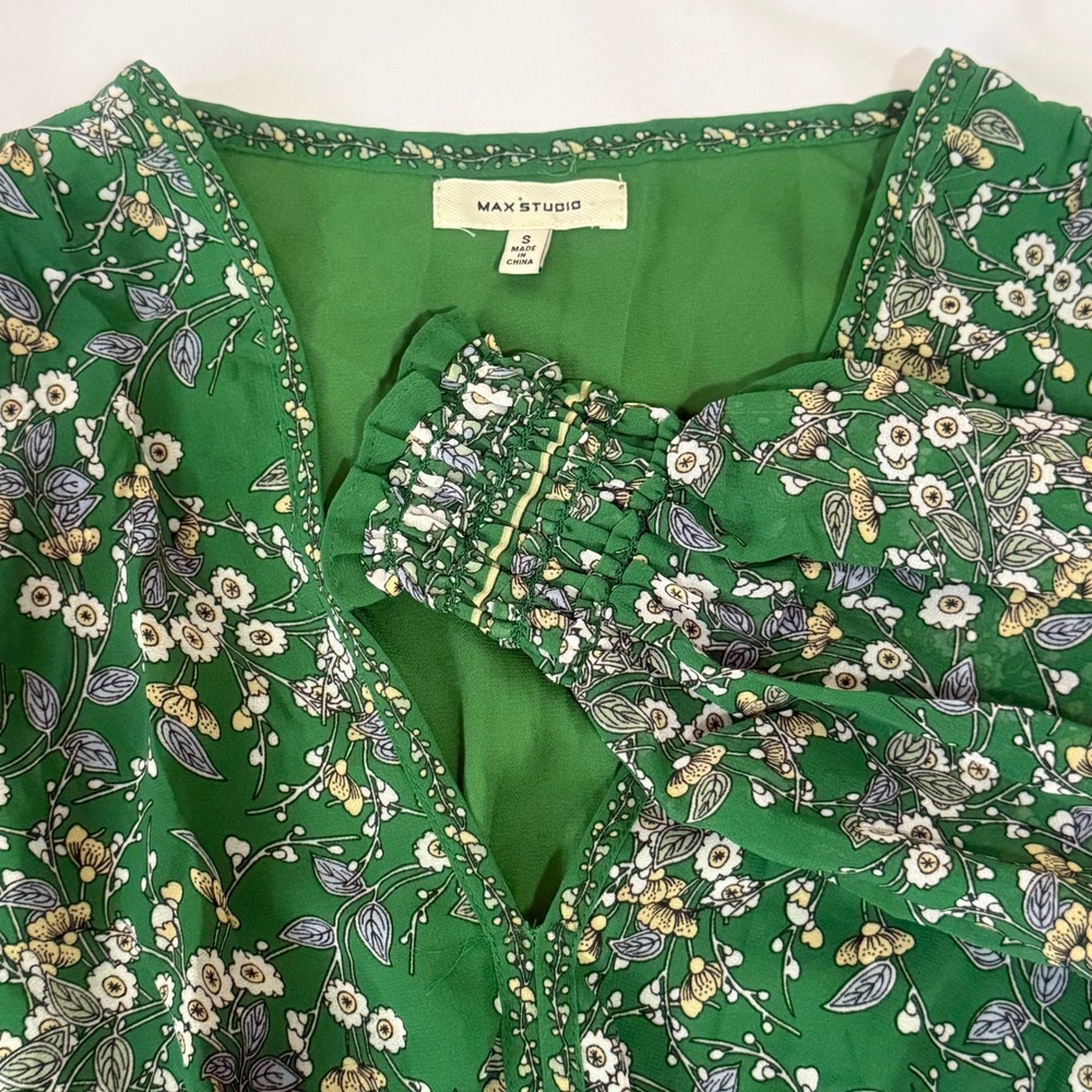 MAX STUDIO Green Floral Print Smocked Waist Long Sleeve Mini Dress Size S